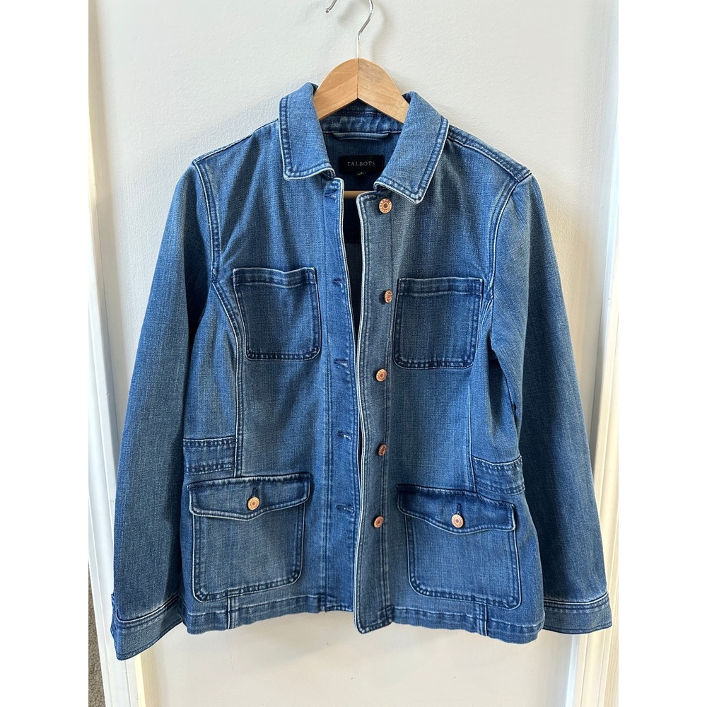 Talbots Womens Small Blue Denim Chore Jacket Utility Field Coat Medium Wash S